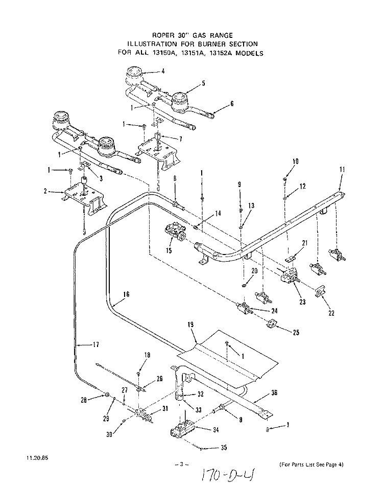 BURNER Diagram and Parts List for 1315W0A  Roper Range