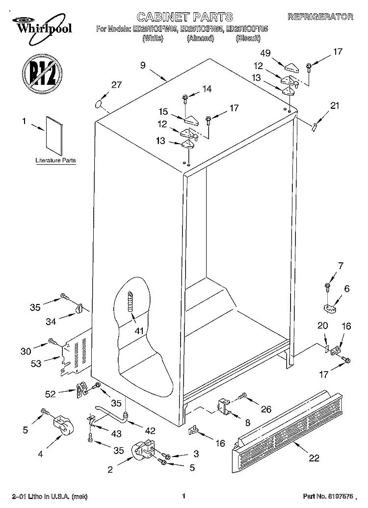 CABINET, LITERATURE Diagram and Parts List for ED20TKXFN05  Whirlpool Refrigerator