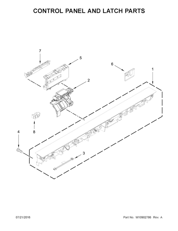 Control Panel And Latch Parts Diagram and Parts List for KDTM404EWH2  KitchenAid Dishwasher