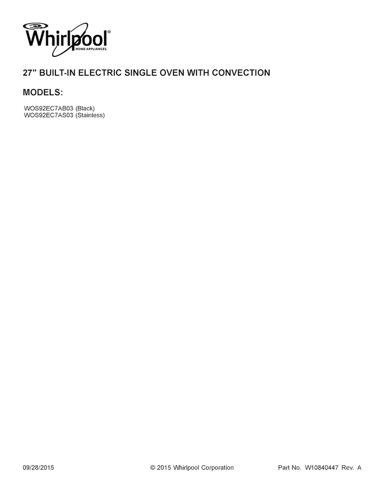 Cover Sheet Diagram and Parts List for WOS92EC7AS03  Whirlpool Wall Oven