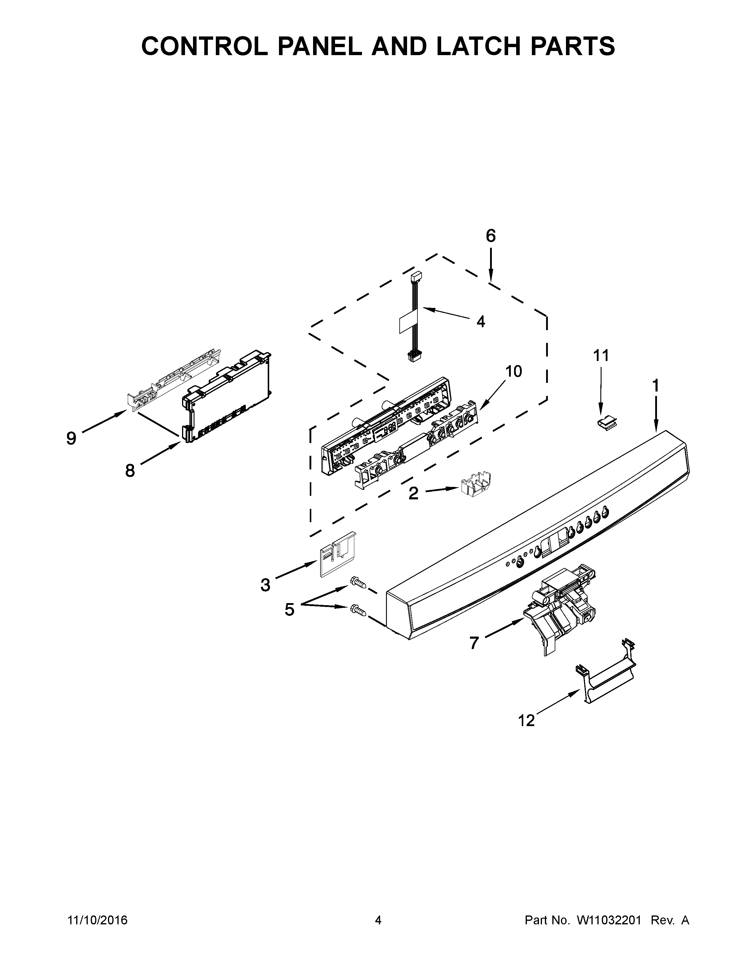 Control Panel And Latch Parts Diagram and Parts List for 66513229N413  Kenmore Dishwasher