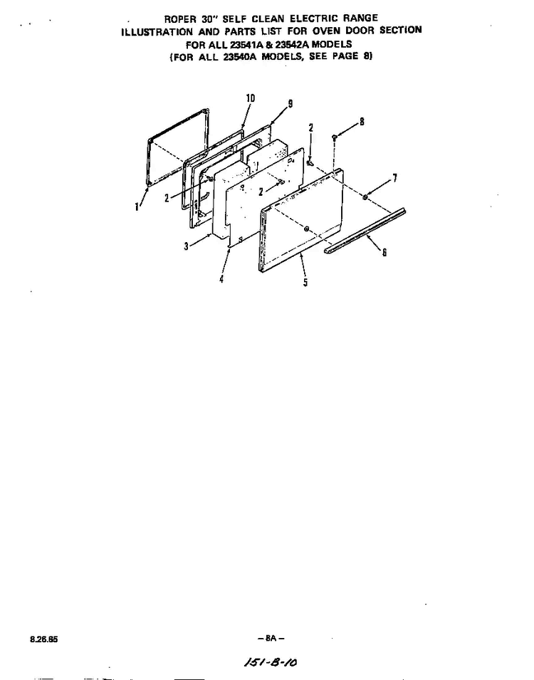 Door For 23541a, 23542a Diagram and Parts List for 2364*1A  Roper Range