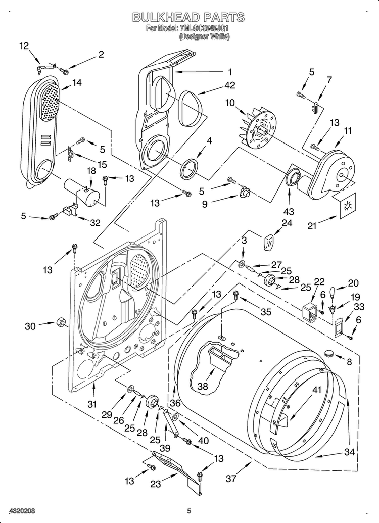 Bulkhead Diagram and Parts List for OEM2-7MLGC9545JQ1  Whirlpool Dryer