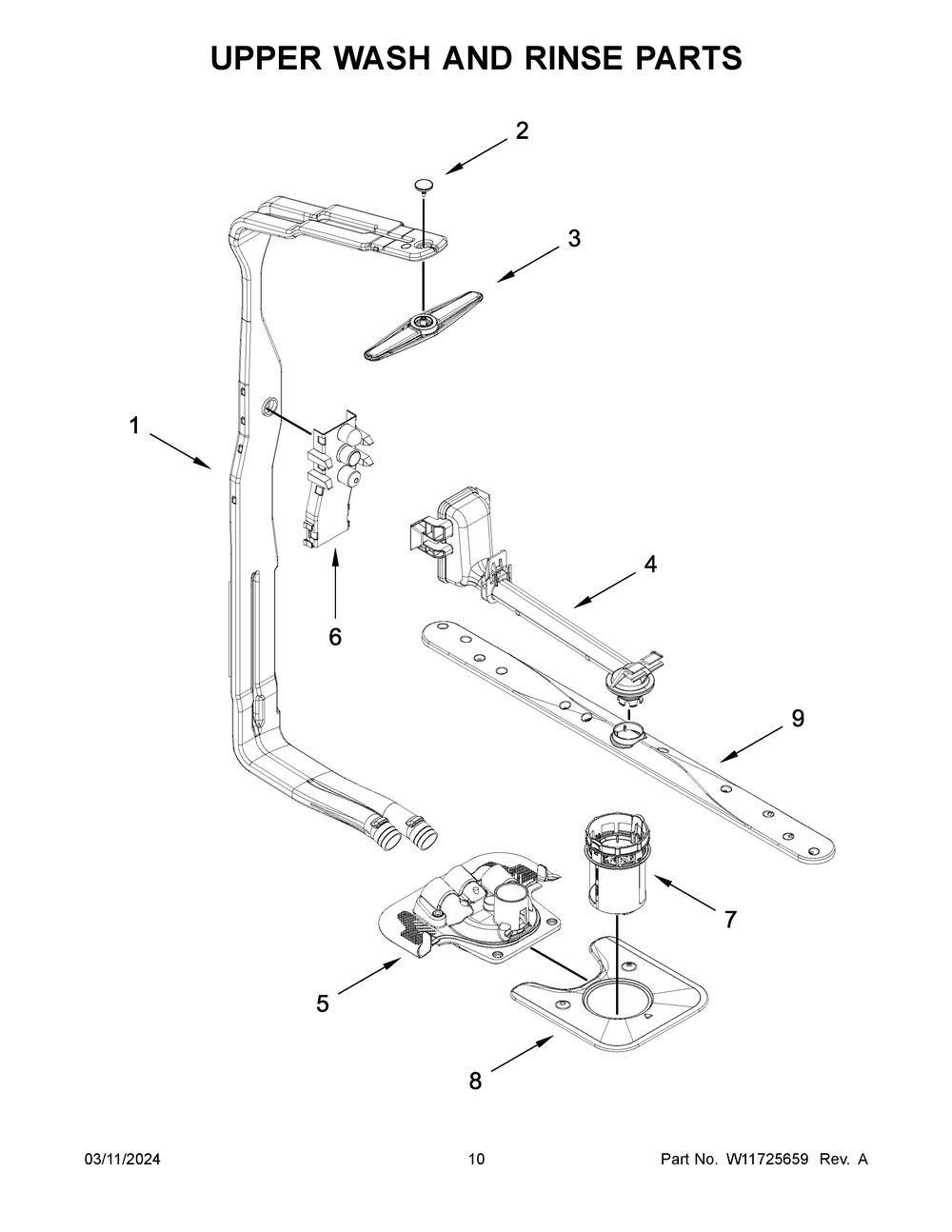 Upper Wash And Rinse Parts Diagram and Parts List for WDT750SAKB3  Whirlpool Dishwasher