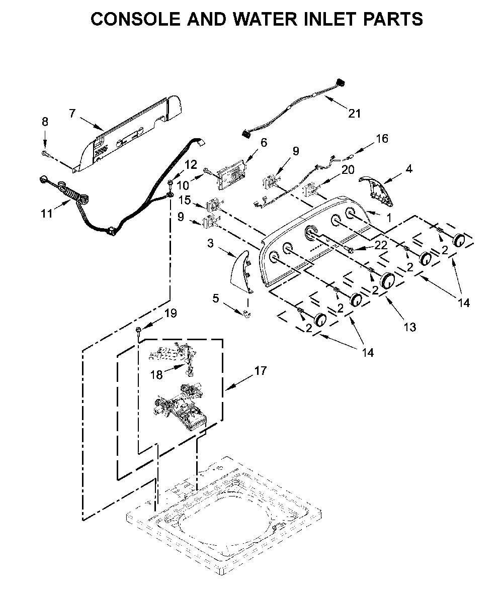 Console and water inlet parts Diagram and Parts List for WTW5005KW0  Whirlpool Washer