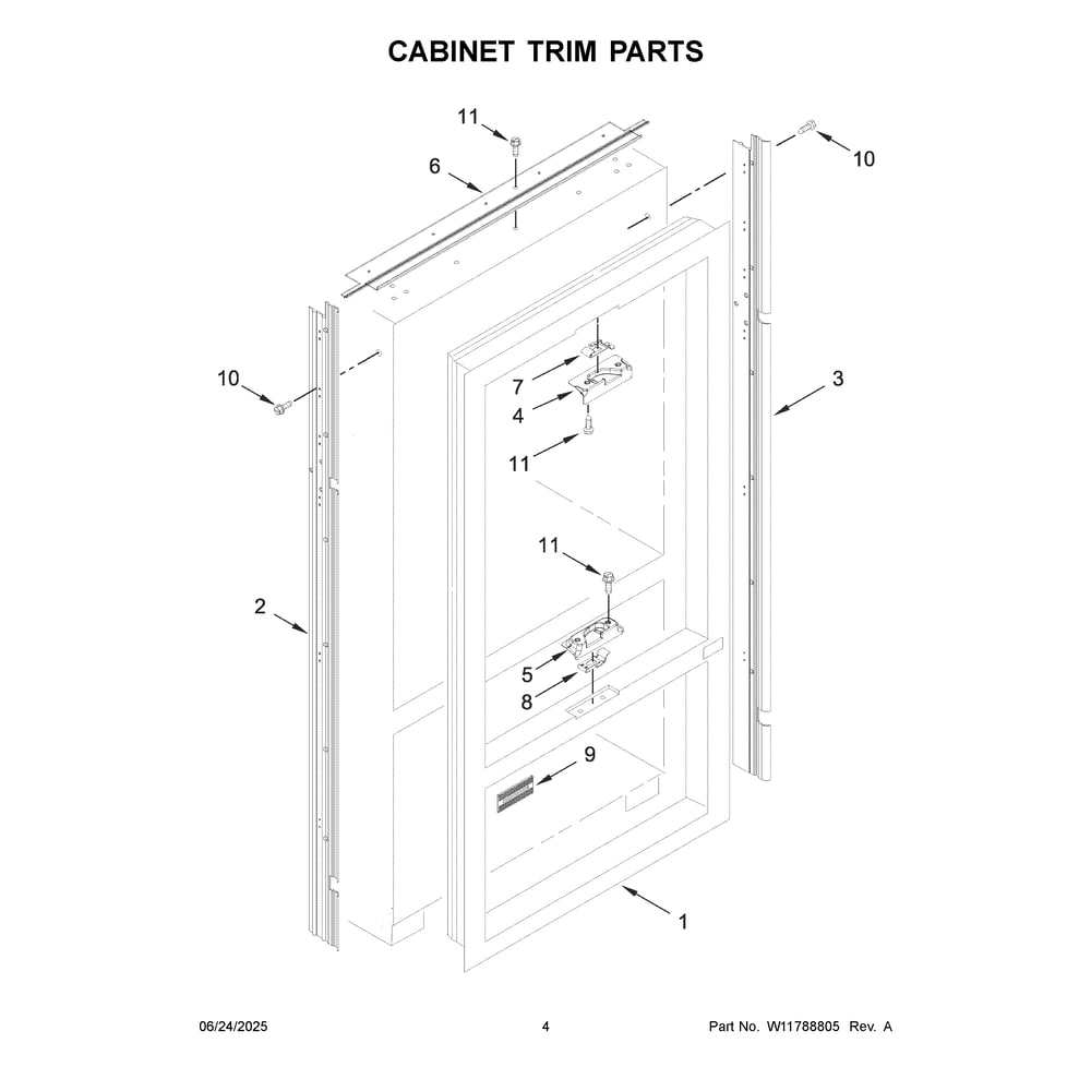 Cabinet Trim Parts Diagram and Parts List for KBFN502EBS06  KitchenAid Refrigerator