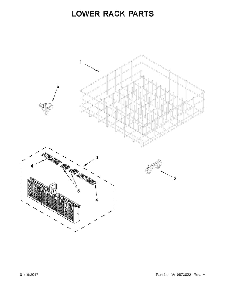 Lower Rack Parts Diagram and Parts List for WDF540PADB3  Whirlpool Dishwasher