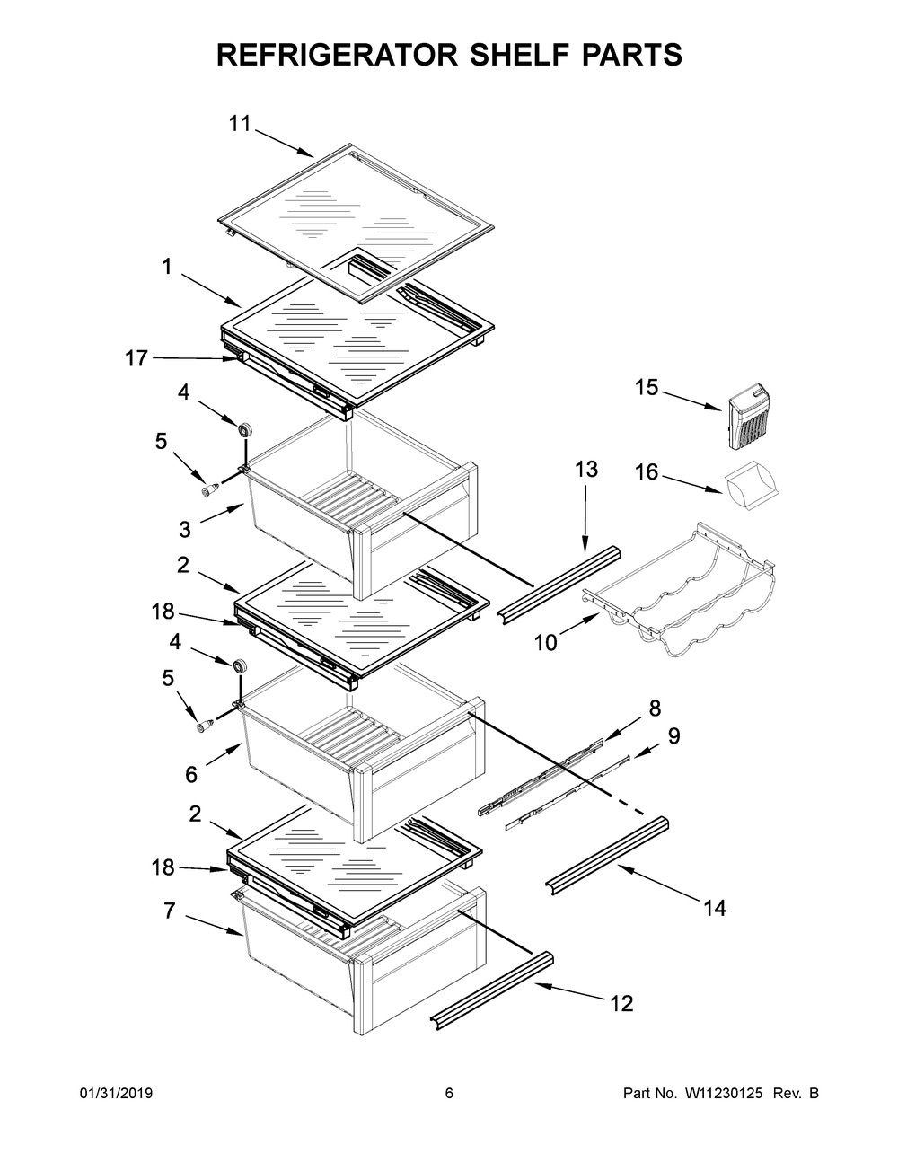 Refrigerator Shelf Parts Diagram and Parts List for KRSC500ESS01  Whirlpool Refrigerator