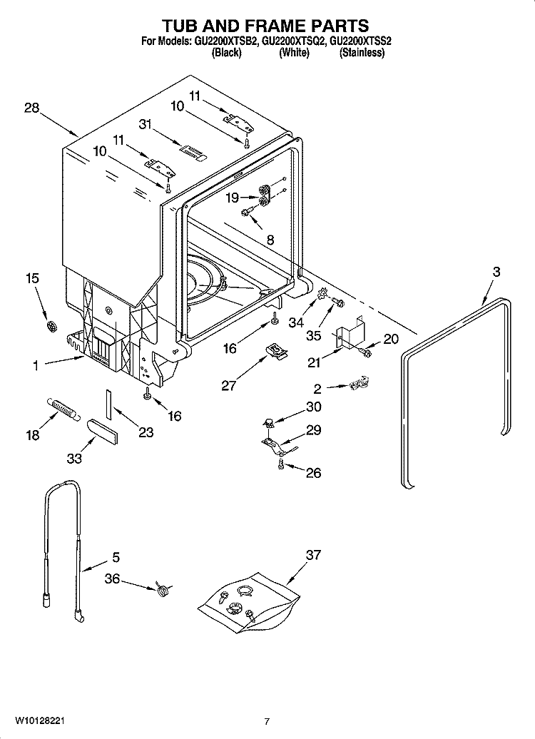 TUB AND FRAME PARTS Diagram and Parts List for GU2200XTSQ2  Whirlpool Dishwasher