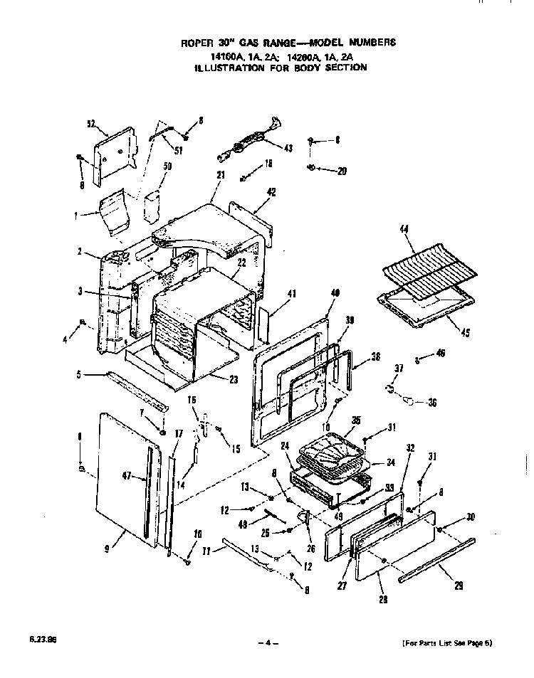 Body Diagram and Parts List for 1416*0A  Roper Range