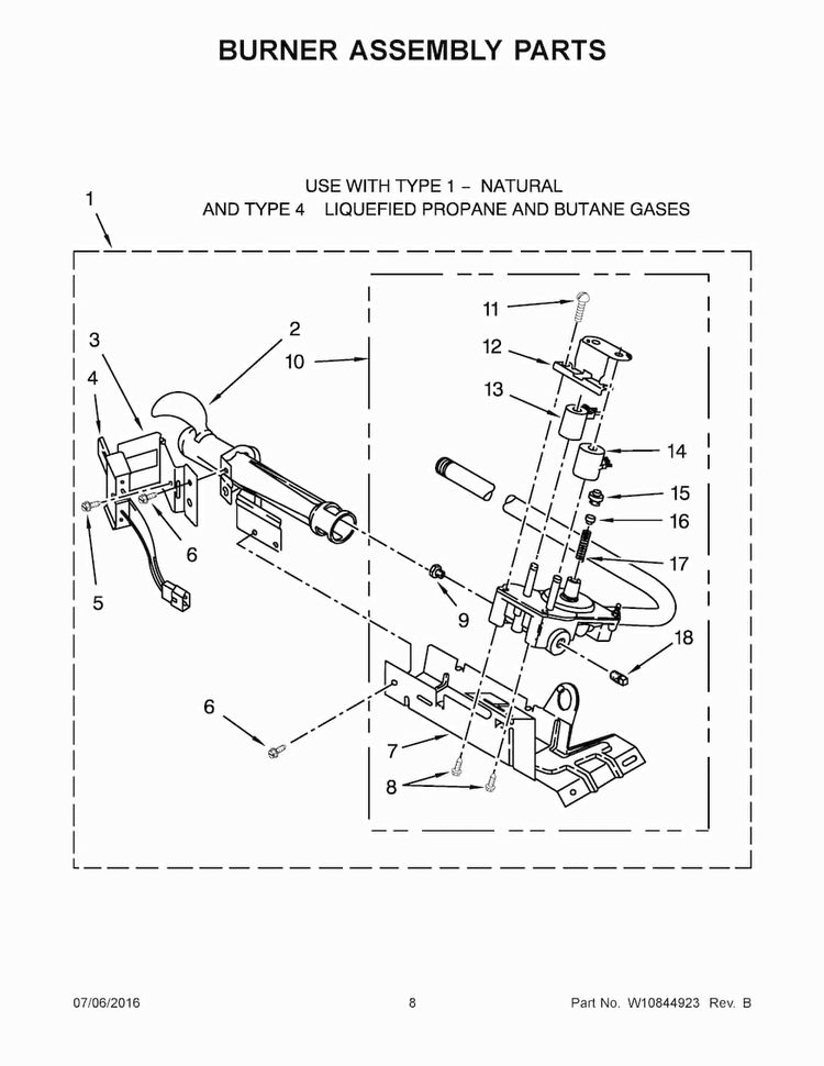 Burner Assembly Parts Diagram and Parts List for 11072342511  Kenmore Dryer