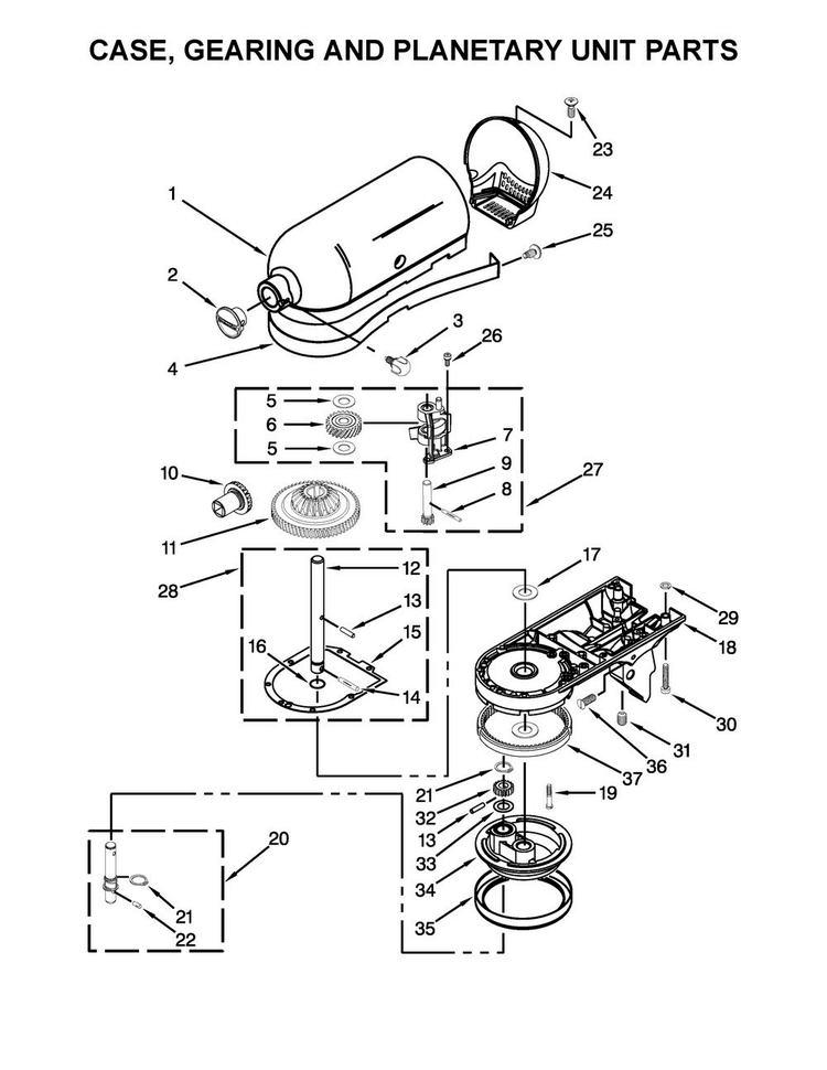 Case, Gearing And Planetary Unit Parts Diagram and Parts List for KSM155GBSA0  KitchenAid Mixer