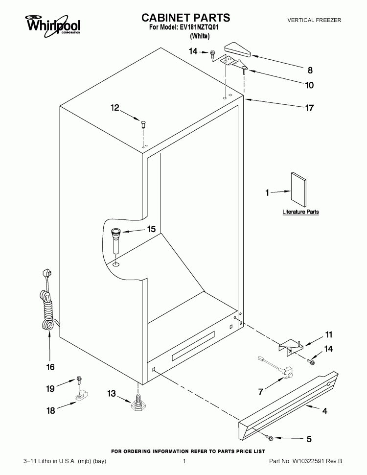 CABINET PARTS Diagram and Parts List for EV181NZTQ01  Whirlpool Freezer