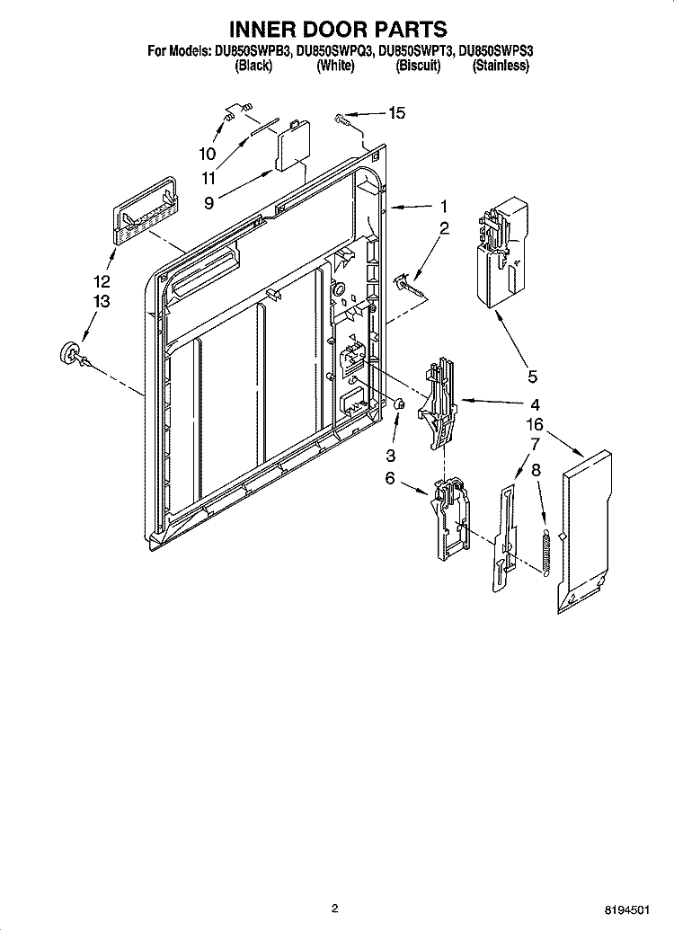 INNER DOOR PARTS Diagram and Parts List for DU850SWPS3  Whirlpool Dishwasher