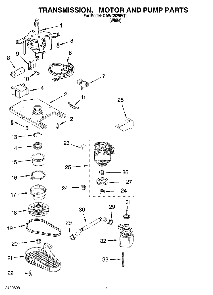 TRANSMISSION, MOTOR AND PUMP PARTS Diagram and Parts List for CAWC529PQ1  Crosley Washer