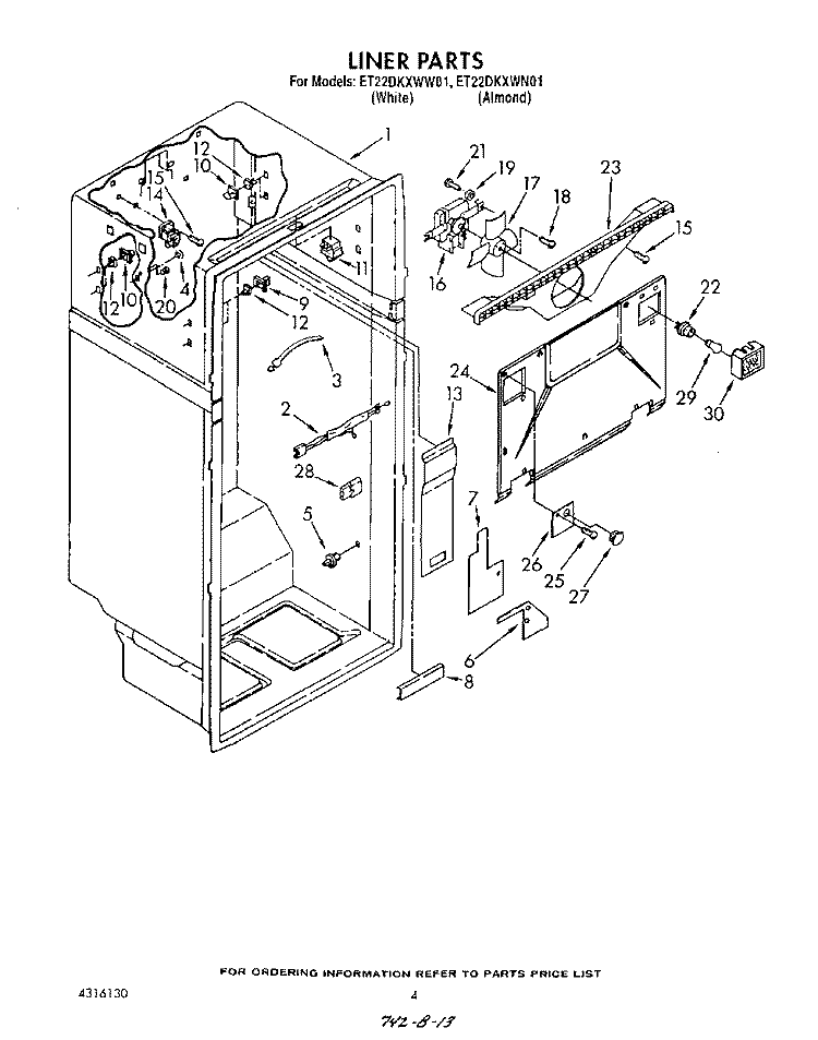 LINER Diagram and Parts List for ET22DKXWN01  Whirlpool Refrigerator