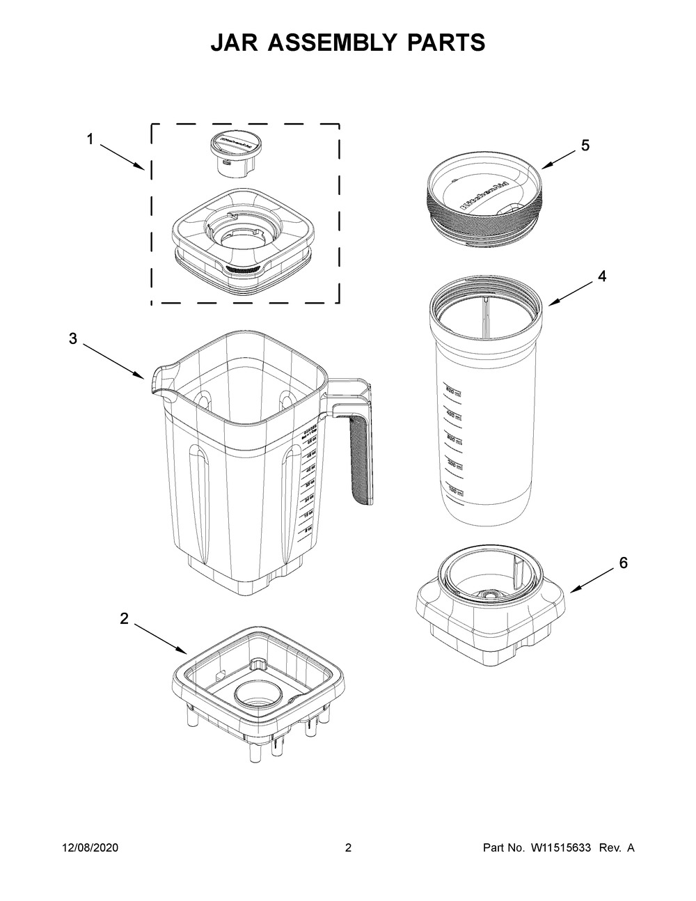 Jar Assembly Parts Diagram and Parts List for 5KSB1330EOB0  Whirlpool Blender