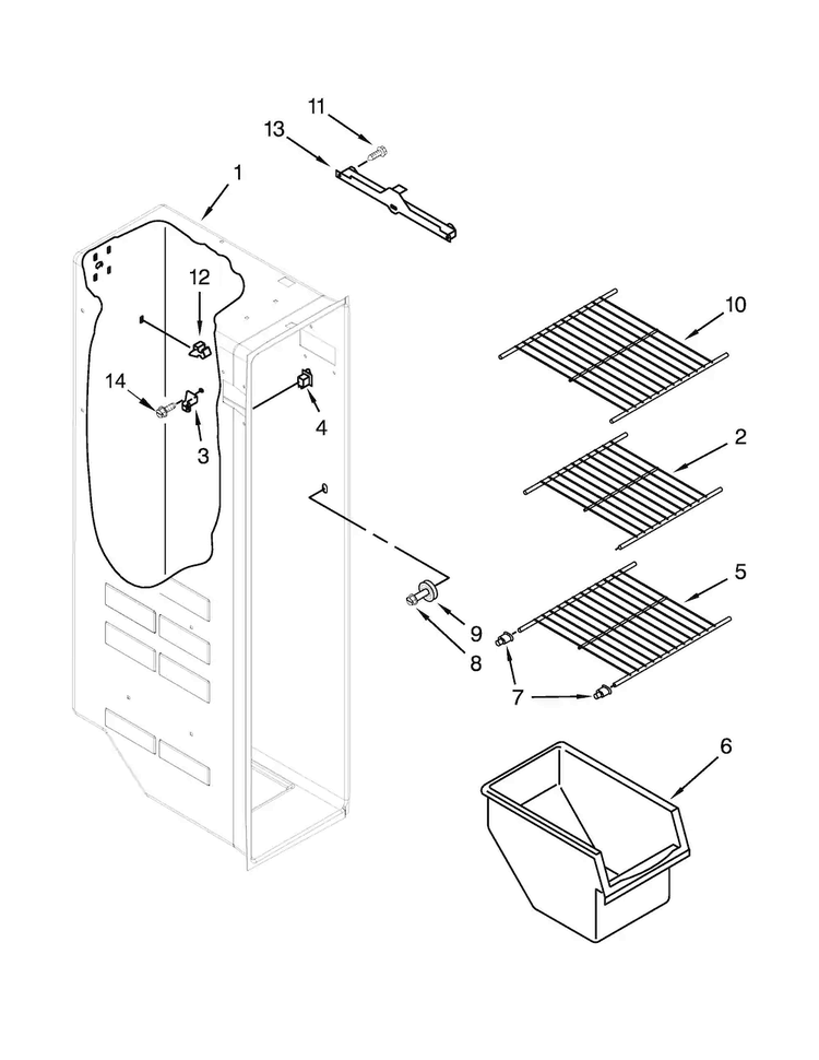Freezer Liner Parts Diagram and Parts List for 5WRS25FDBF00  Whirlpool Refrigerator