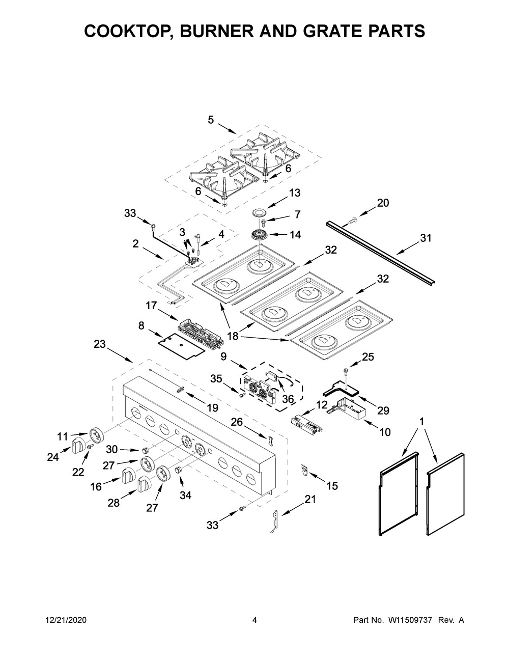 Cooktop, Burner And Grate Parts Diagram and Parts List for JDRP436HL01  Whirlpool Range