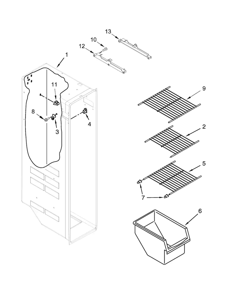 Freezer Liner Parts Diagram and Parts List for 7WRS22FDBF02  Whirlpool Refrigerator