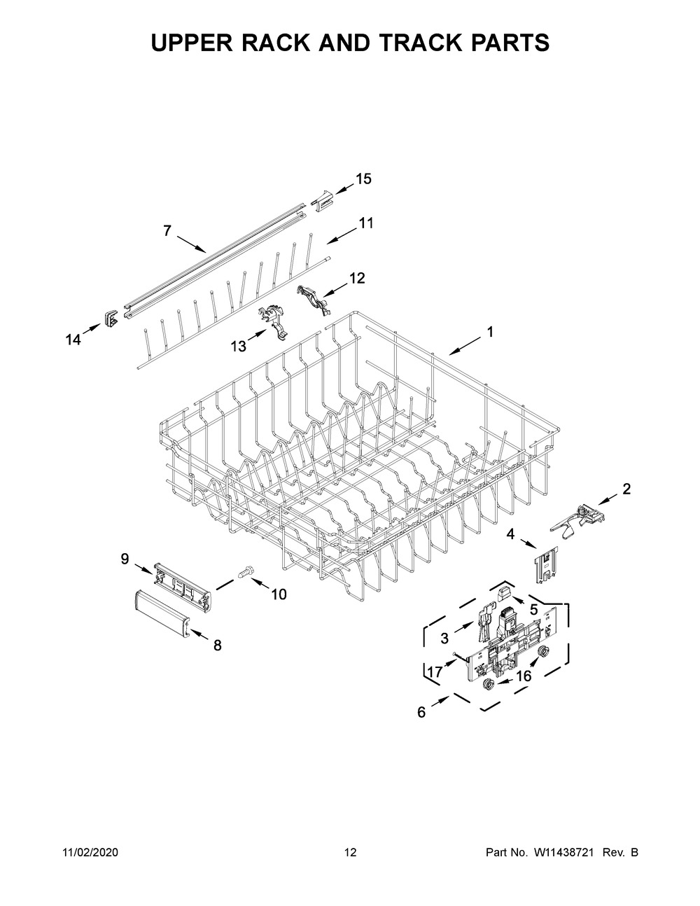 Upper Rack And Track Parts Diagram and Parts List for KDPM604KBS0  Whirlpool Dishwasher