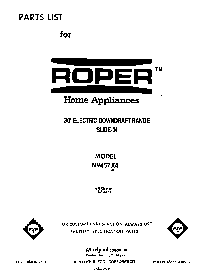 Front Cover Diagram and Parts List for N9457*4  Roper Range