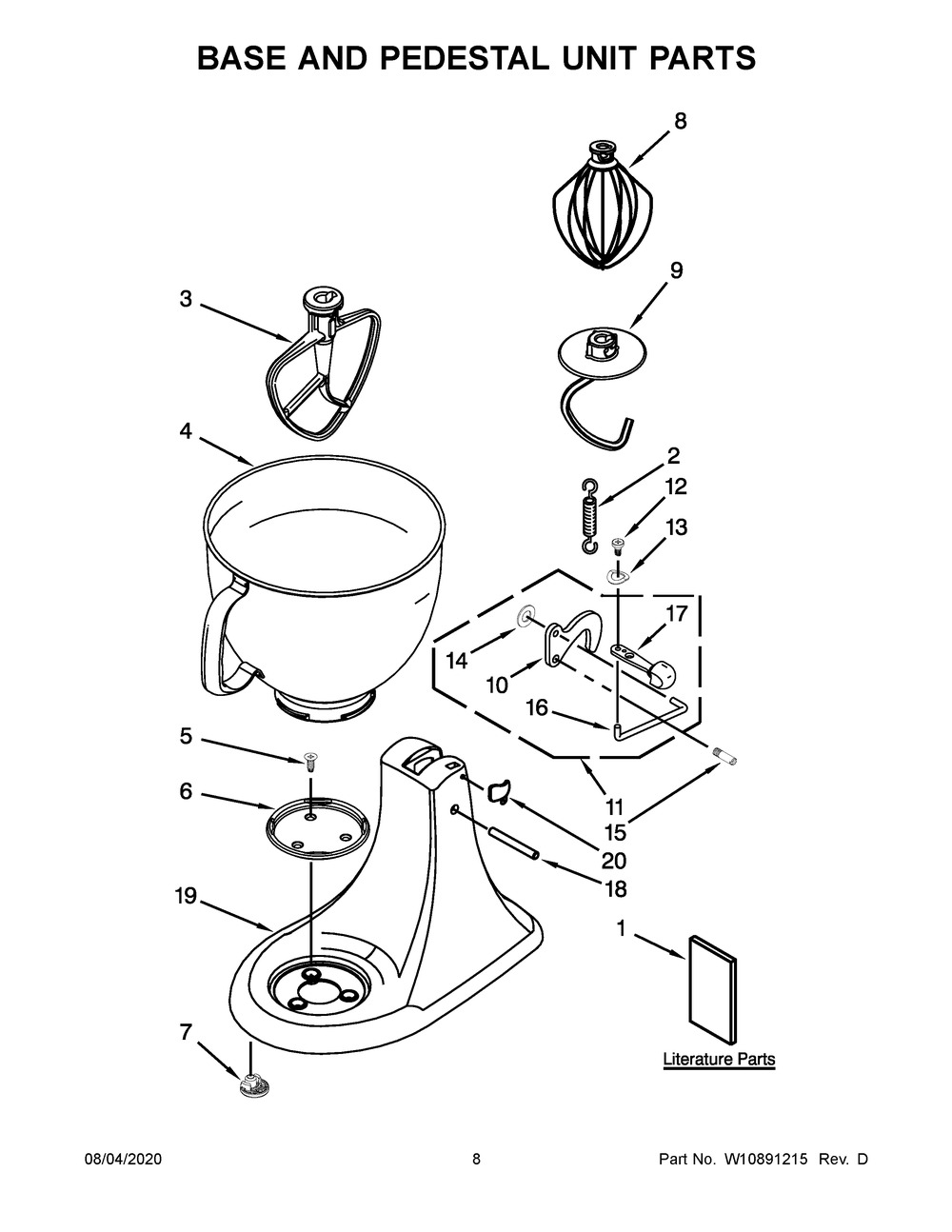 Base And Pedestal Unit Parts Diagram and Parts List for 5KSM125BDP4  Whirlpool Mixer