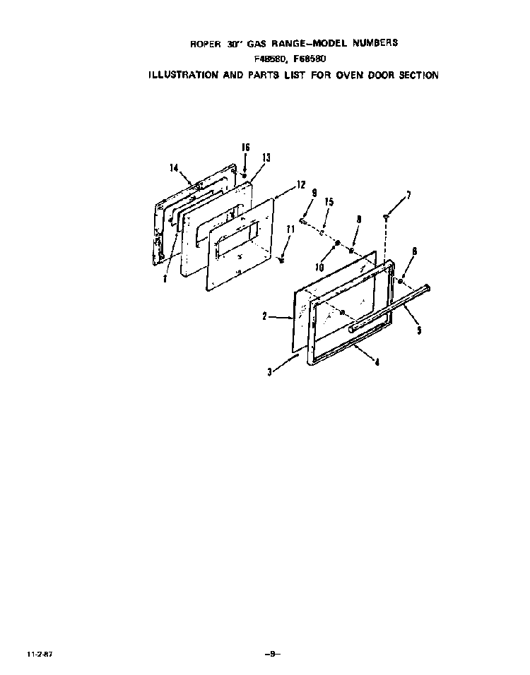 Oven Door Diagram and Parts List for F6858*0  Roper Range