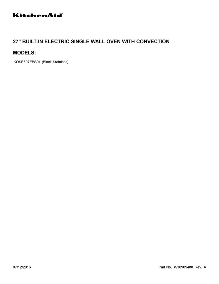 Cover Sheet Diagram and Parts List for KOSE507EBS01  KitchenAid Wall Oven