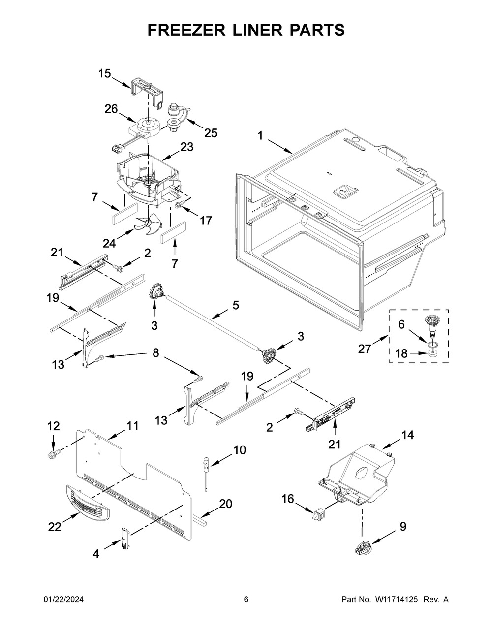 Freezer Liner Parts Diagram and Parts List for WRF555SDHV10  Whirlpool Refrigerator