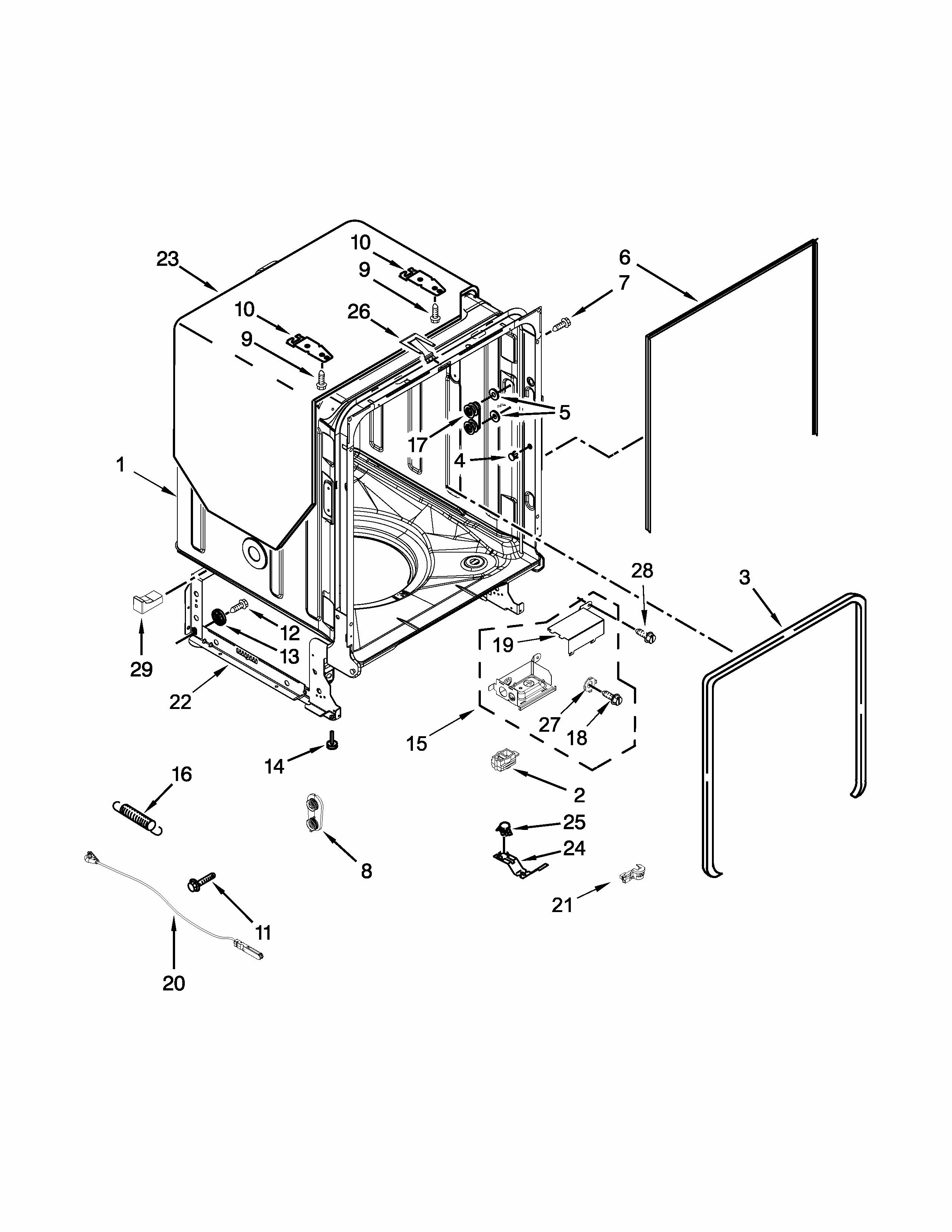Tub And Frame Parts Diagram and Parts List for IUD7555DS2  Whirlpool Dishwasher