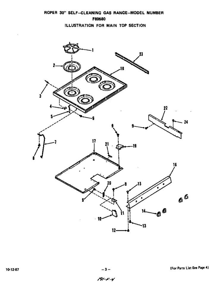 Main Top Diagram and Parts List for F8958*0  Roper Range