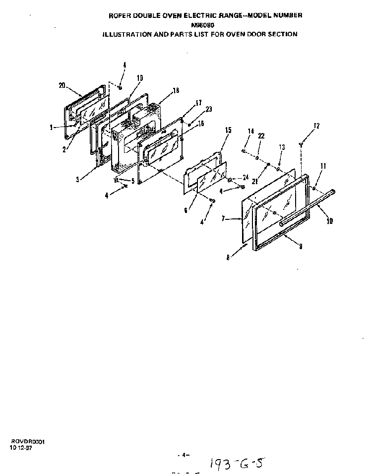 Oven Door Diagram and Parts List for N9608*0  Roper Range