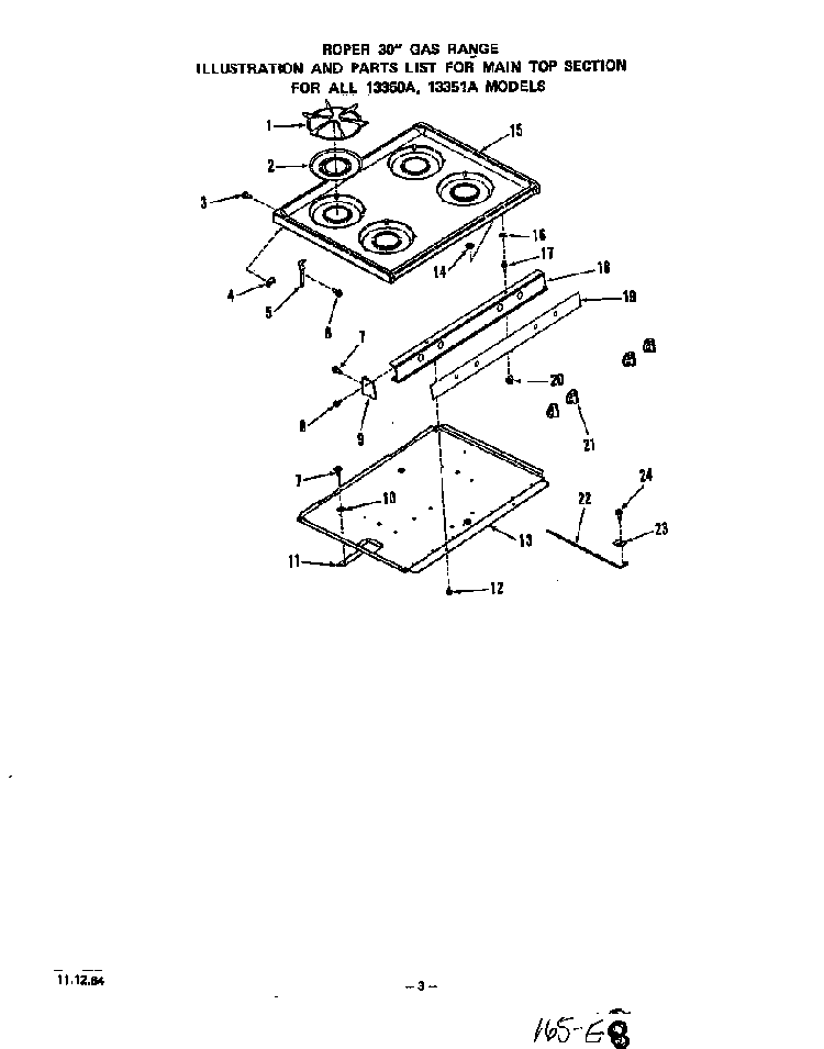 Main Top Diagram and Parts List for 1335*0A  Roper Range