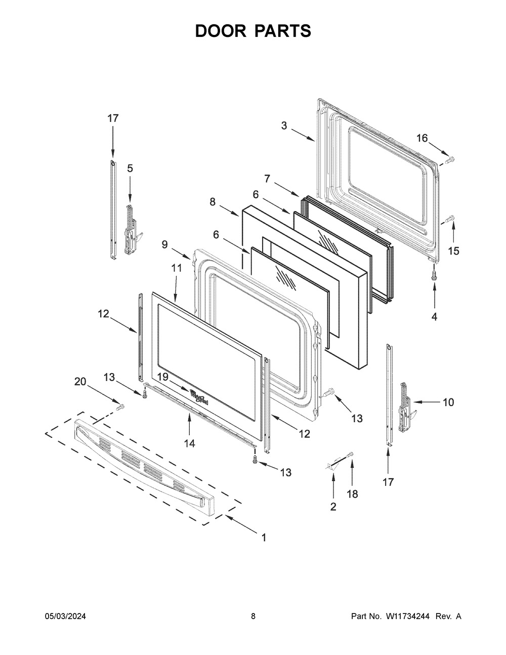 Door Parts Diagram and Parts List for WFC315S0JB4  Whirlpool Range