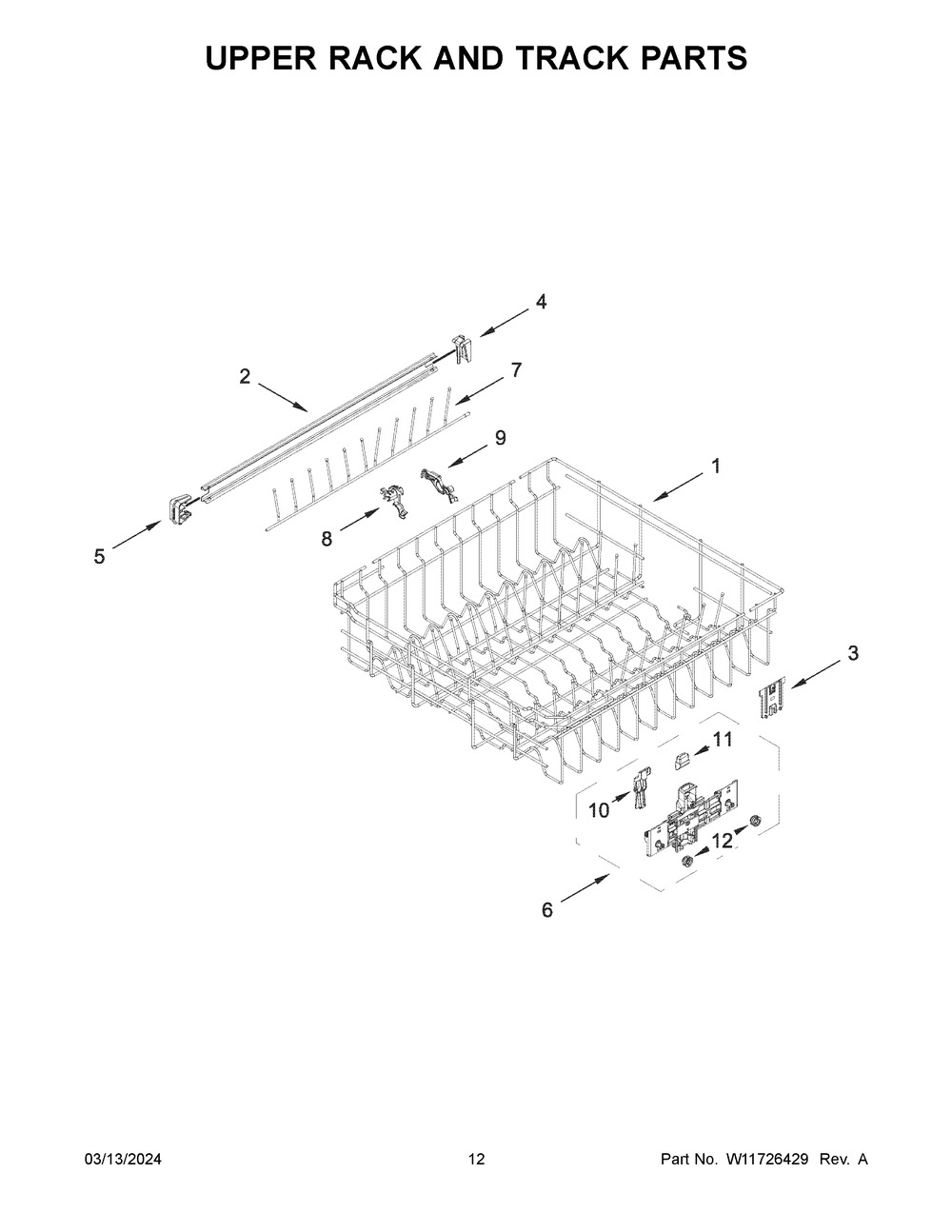 Upper Rack And Track Parts Diagram and Parts List for WDPA70SAMZ3  Whirlpool Dishwasher