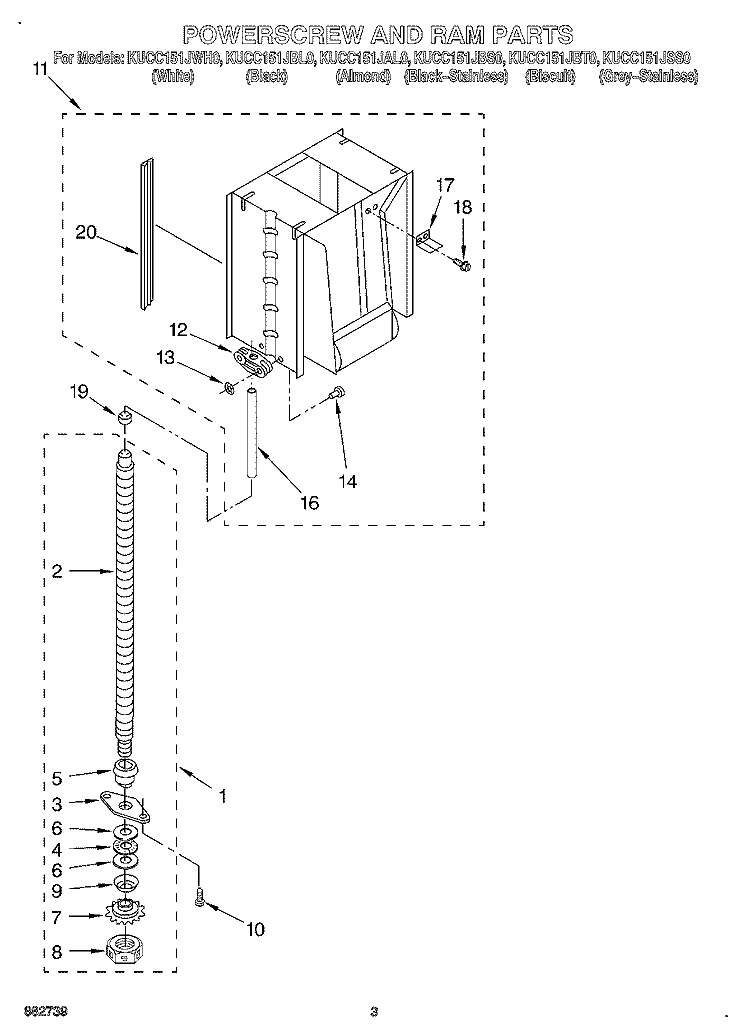 POWERSCREW AND RAM Diagram and Parts List for KUCC151JSS0  KitchenAid Trash Compactor