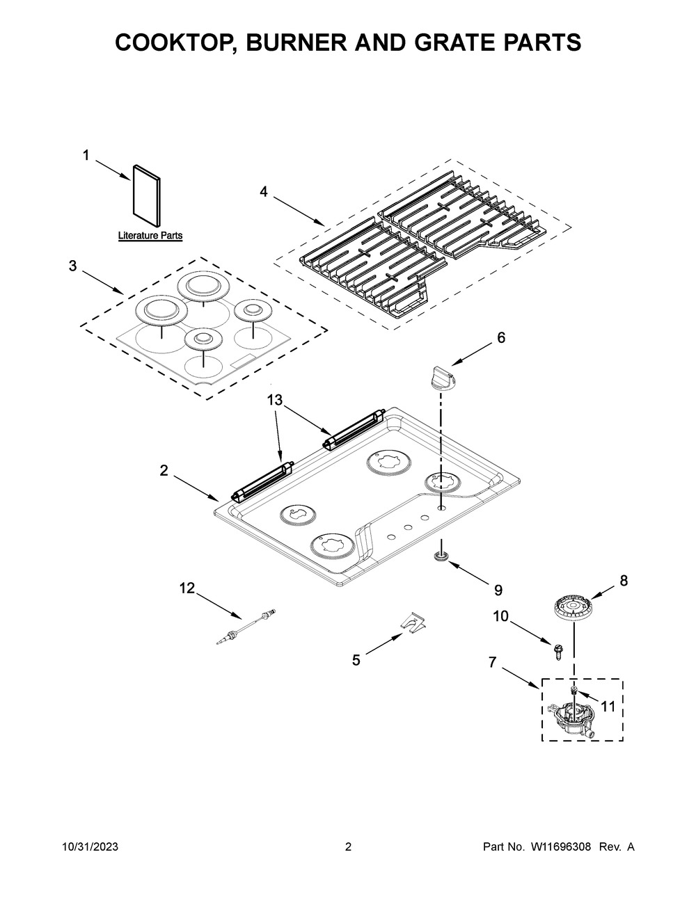 Cooktop, Burner And Grate Parts Diagram and Parts List for WCGK5030PS00  Whirlpool Cooktop