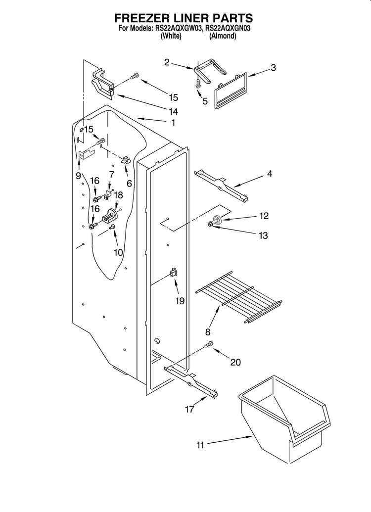 Freezer Liner Diagram and Parts List for RS22AQXGN03  Roper Refrigerator