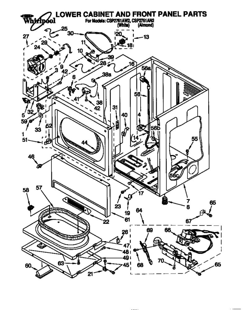 Lower Cabinet And Front Panel Diagram and Parts List for CSP2761AW2  Whirlpool Dryer