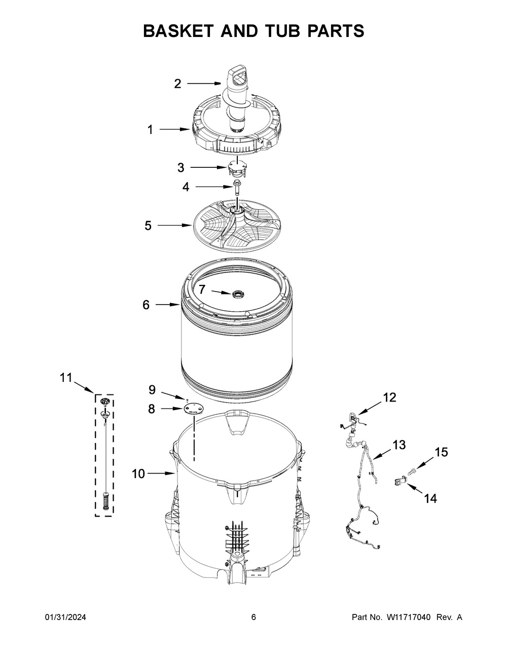 Basket And Tub Parts Diagram and Parts List for 8TWTW5057PW0  Whirlpool Washer