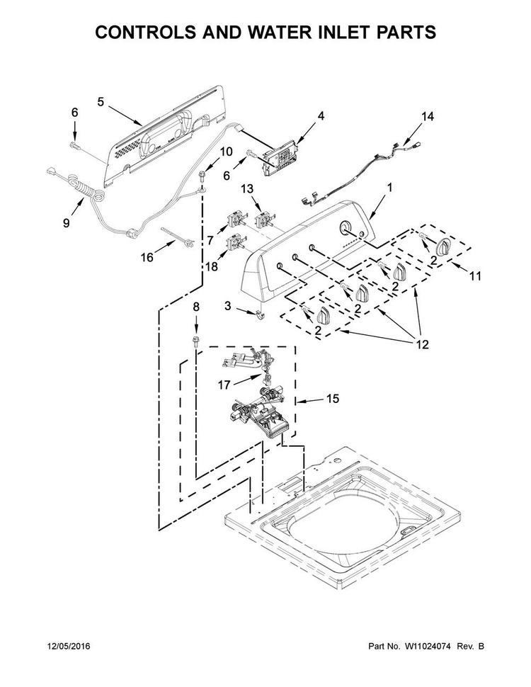 Controls And Water Inlet Parts Diagram and Parts List for 4KWTW4705FW0  Whirlpool Washer
