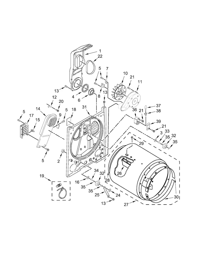 Bulkhead Parts Diagram and Parts List for WED4616FW0  Whirlpool Dryer