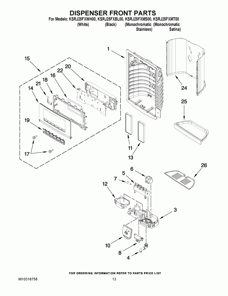 DISPENSER FRONT PARTS Diagram and Parts List for KSRJ25FXMT00  KitchenAid Refrigerator
