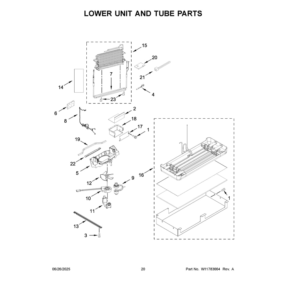 Lower Unit And Tube Parts Diagram and Parts List for KBFN542SPS00  KitchenAid Refrigerator