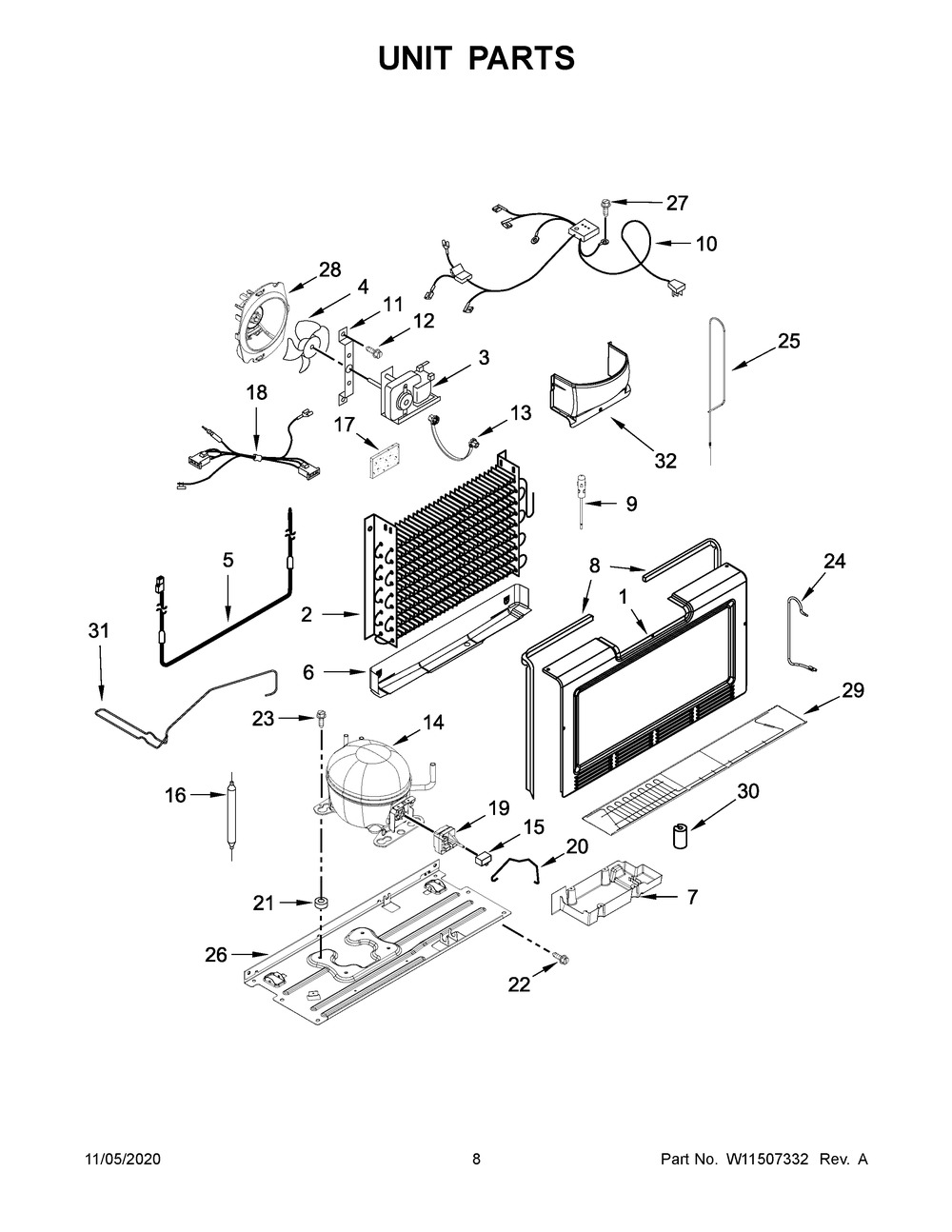 Unit Parts Diagram and Parts List for AZF33X20DW04  Whirlpool Refrigerator