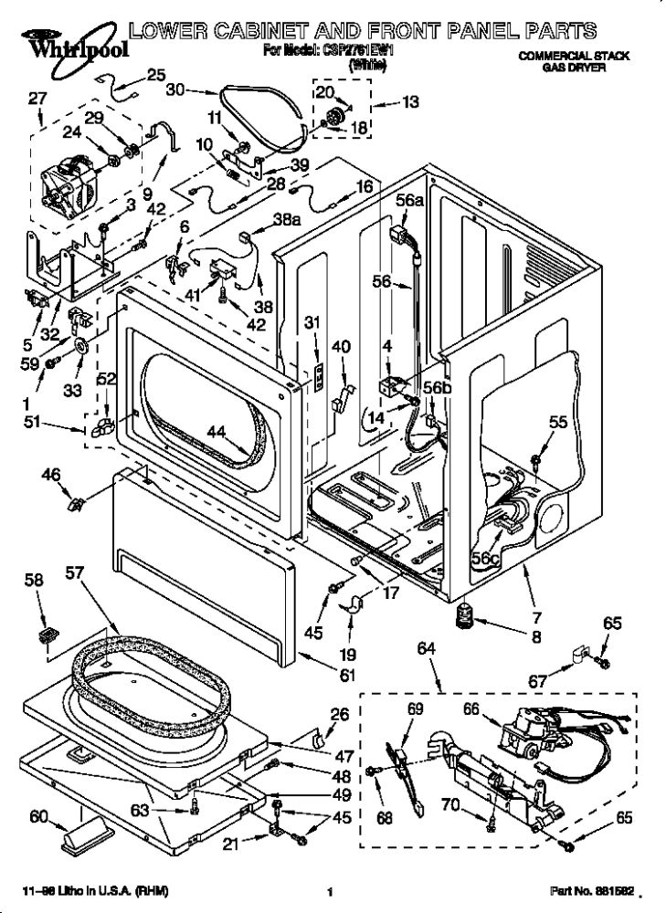 Lower Cabinet And Front Panel Diagram and Parts List for CSP2761EW1  Whirlpool Dryer