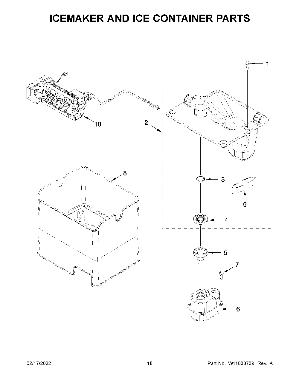 Icemaker And Ice Container Parts Diagram and Parts List for KRFF507HWH03  KitchenAid Refrigerator