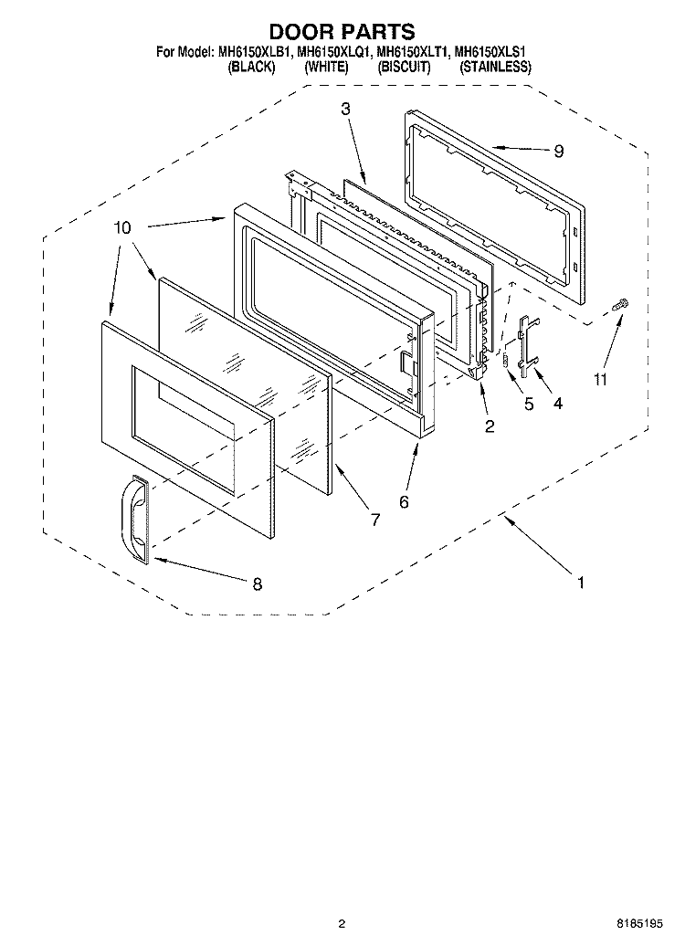 DOOR PARTS Diagram and Parts List for MH6150XLB1  Whirlpool Microwave