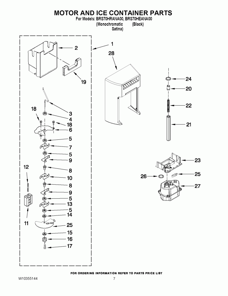 MOTOR AND ICE CONTAINER PARTS Diagram and Parts List for BRS70HRANA00  Whirlpool Refrigerator